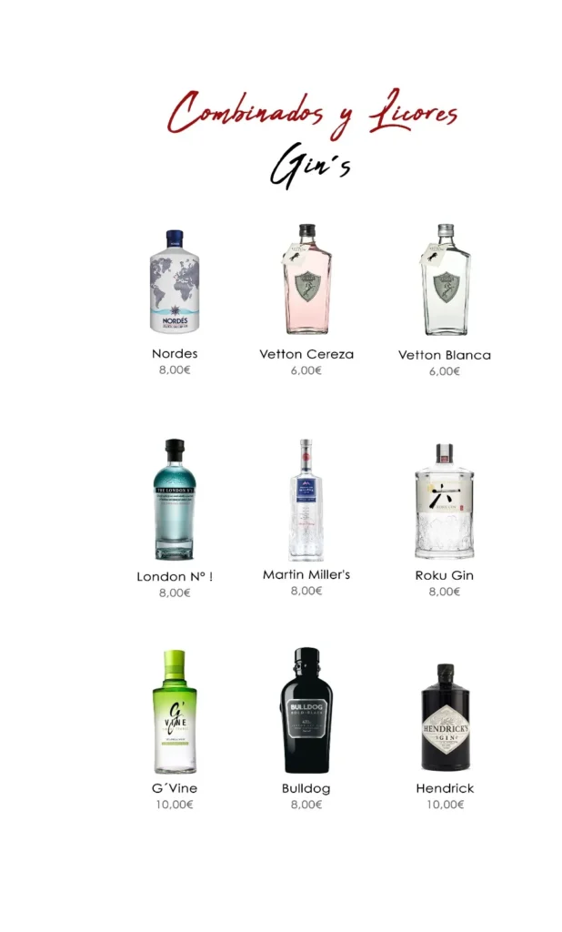 carta de combinados y licores - gins
