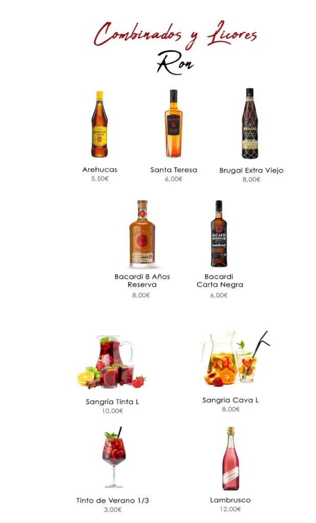 carta de combinados y licores - ron